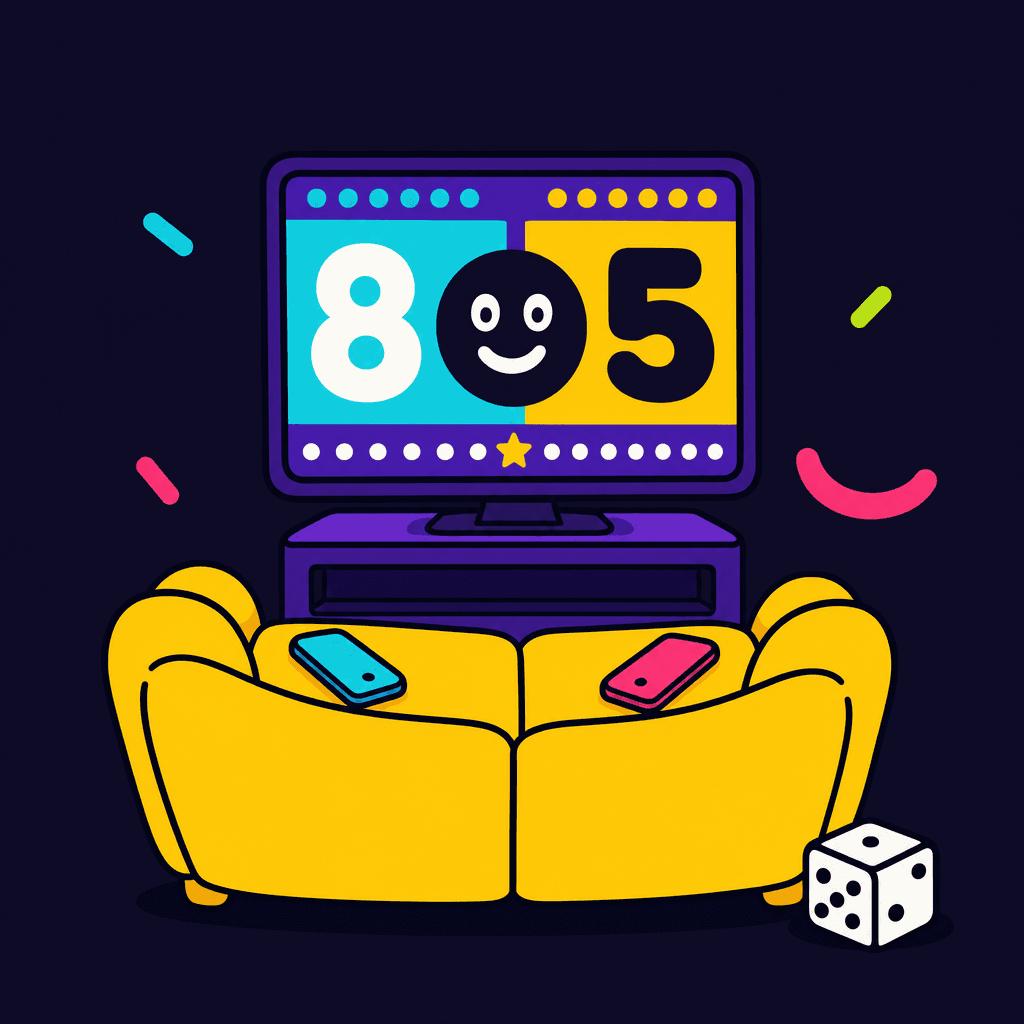 A chunky yellow couch facing a TV, with two phones on the cushions and a die on the floor.
